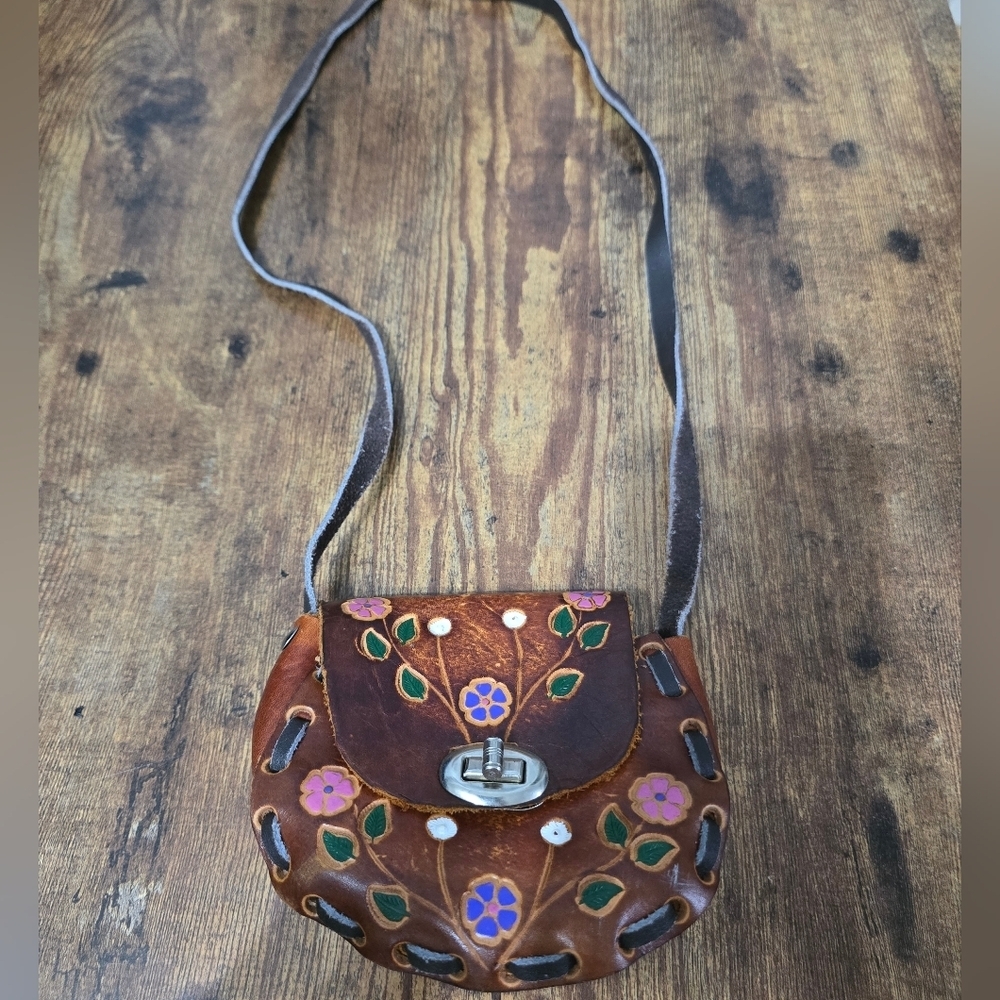 Handcrafted Floral Brown Leather Crossbody Bag Made In Mexico